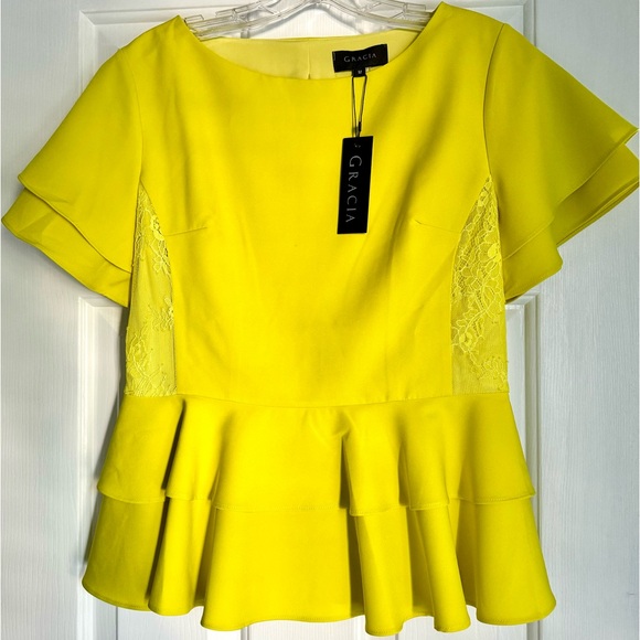 🔥NWT GRACIA PEPLUM TOP NEON YELLOW TOP🔥🔥 - Picture 4 of 9